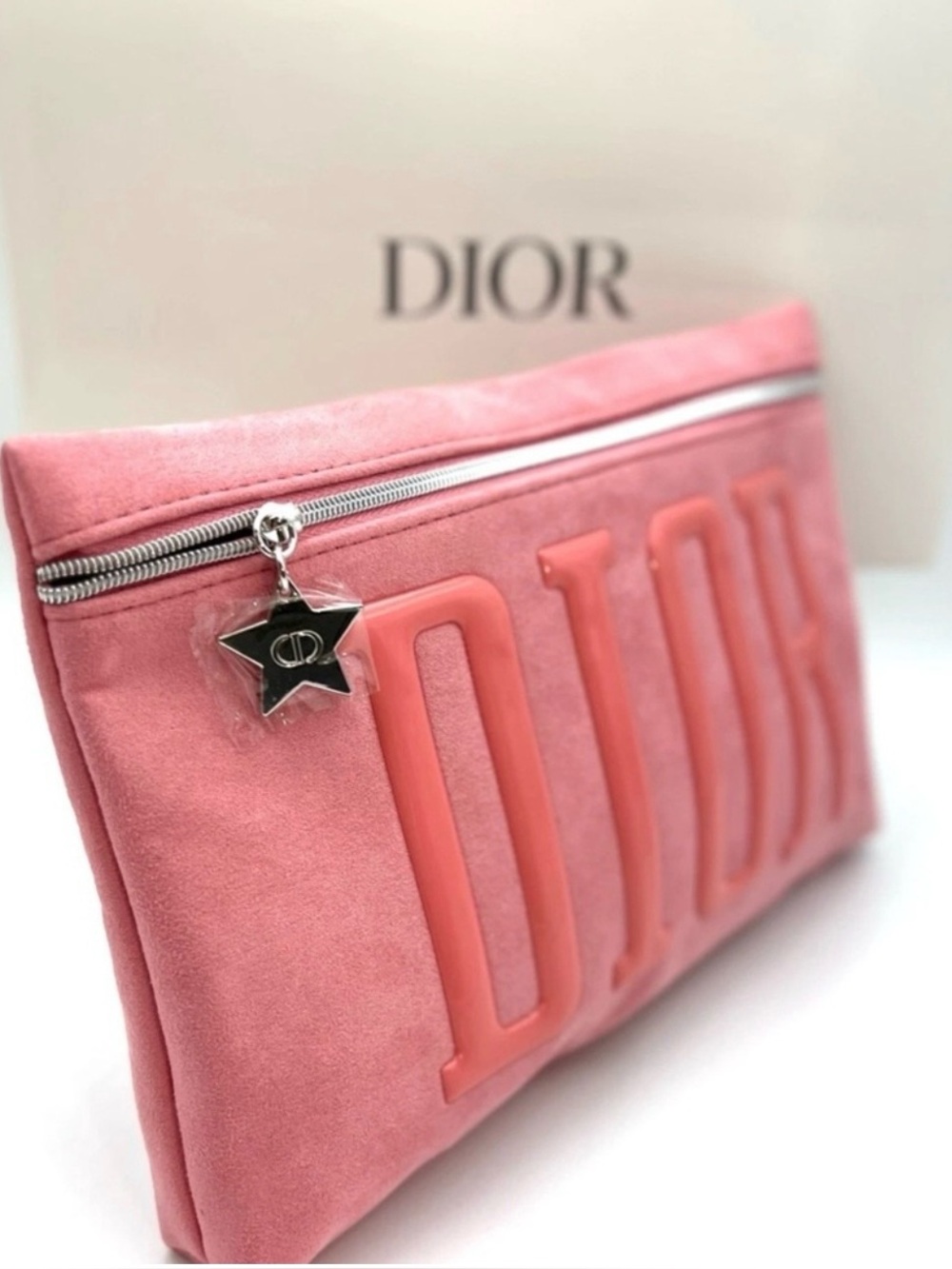 Dior Pink Suede Cosmetic Pouch with Star Charm Zipper